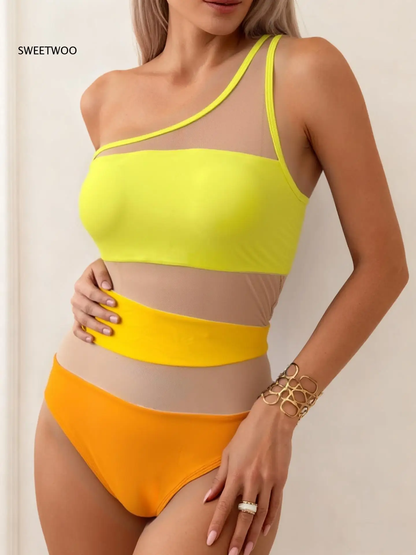 Asymmetrical Single Shoulder Color Block Sheer Mesh Panel Cutout Open Back High Cut One Piece Swimsuit For Women Beachwear