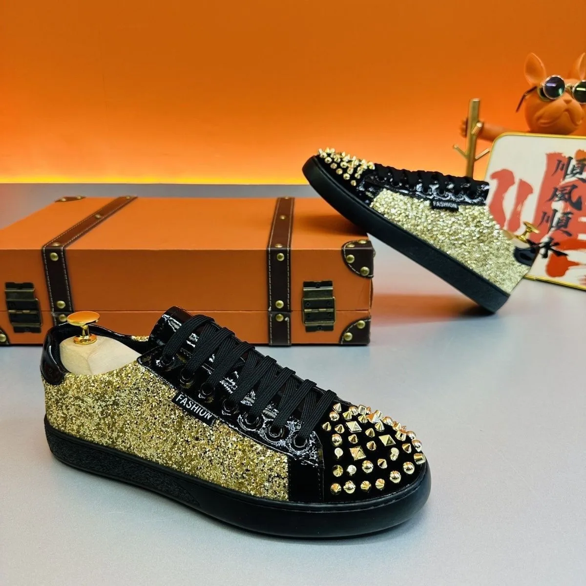 bling bling luxury leather shoes for man rivets casual sneakers man sequined designer shoes flats street dance original brand