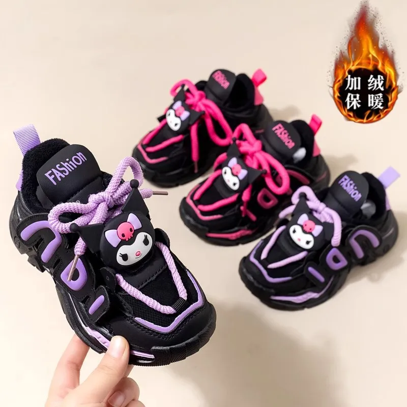 Kuromi-zapatos para niños, zapatillas de deporte para niñas, Sanrios, dibujos animados Kawaii, terciopelo para invierno, mantener el calor, suela gruesa antideslizante, versátil