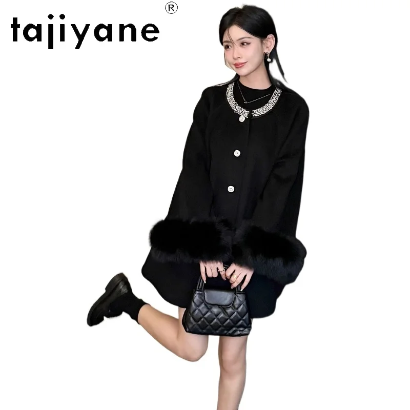 

TAJIYANE пальто из 100% шерсти с манжетами из лисьего меха, плащ премиум-класса, верхняя одежда, элегантный дизайн, женская одежда, 2021, manteaux hiver femme