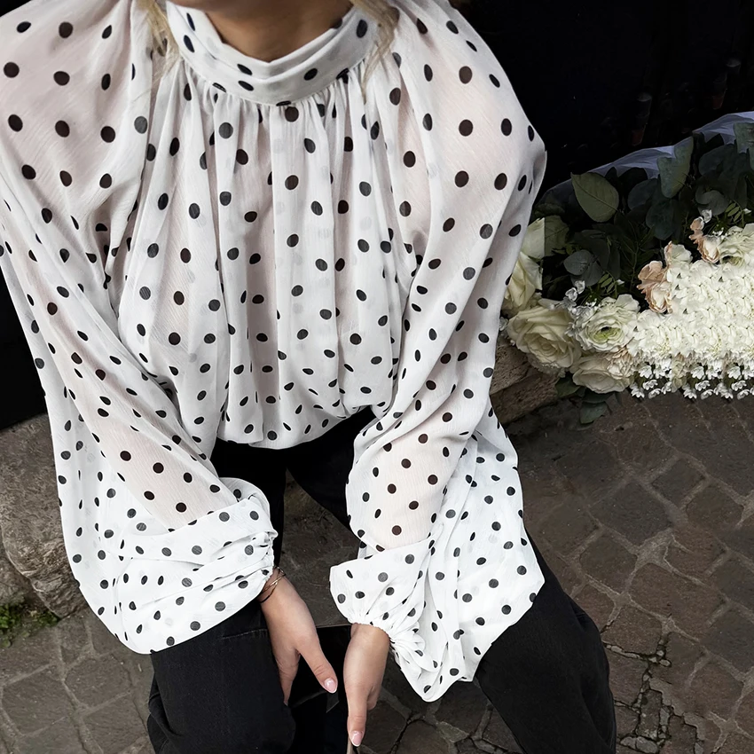 

Linad Street Chic Polka Dot Lantern Sleeve Blouse Woman 2026 Casual Loose Stand Collar Shirt Summer Vintage Chiffon Ladies Tops