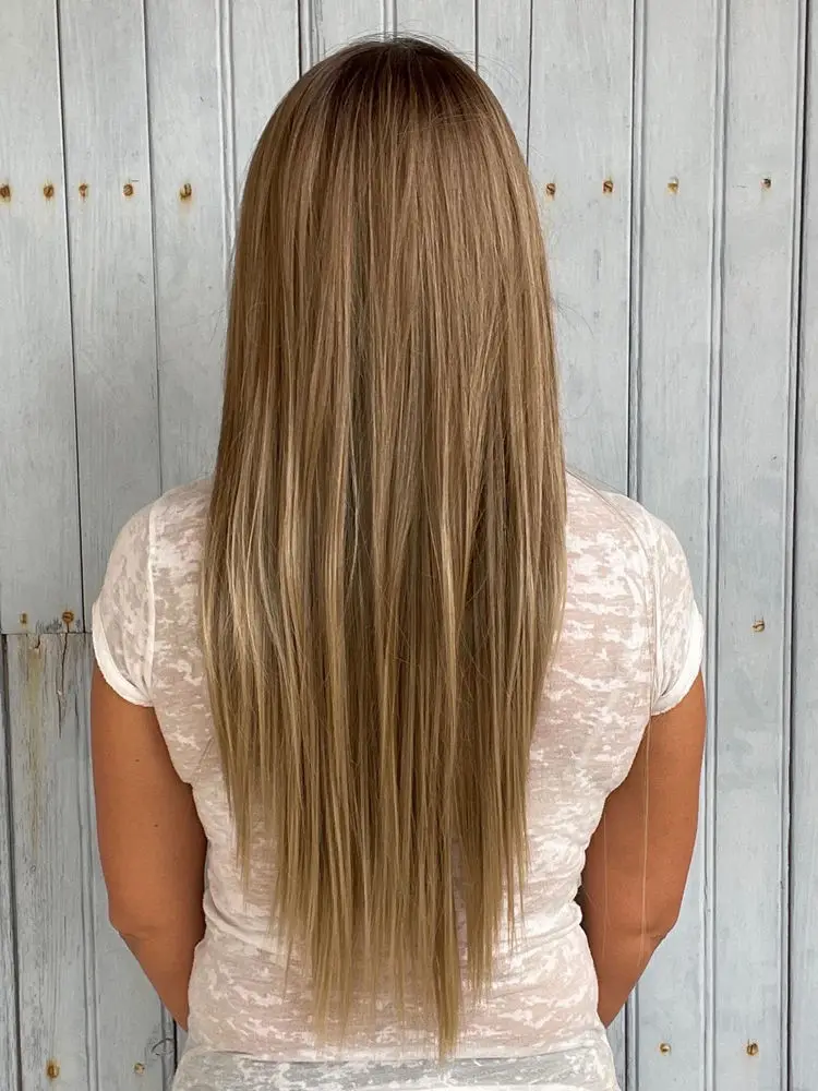 شعر مستعار أنثى الكرمل البني تسليط الضوء على الاصطناعية HD الدانتيل شعر مستعار أمامي 24 "قبل قطعها الطبيعية مستقيم مقاومة للحرارة الحرة فراق الألياف #3