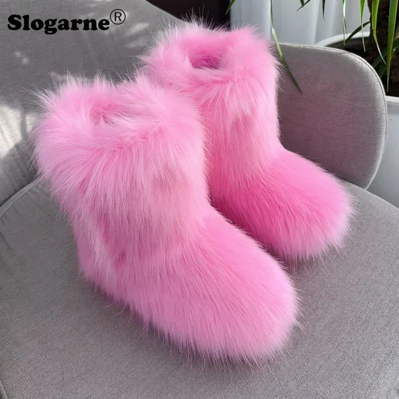 Women\'s Winter Faux Fox Fur Boots Outdoor Luxury Furry Snow Boots Woman Plush Warm Platform Shoes New Fashion Bottes Big Size 44