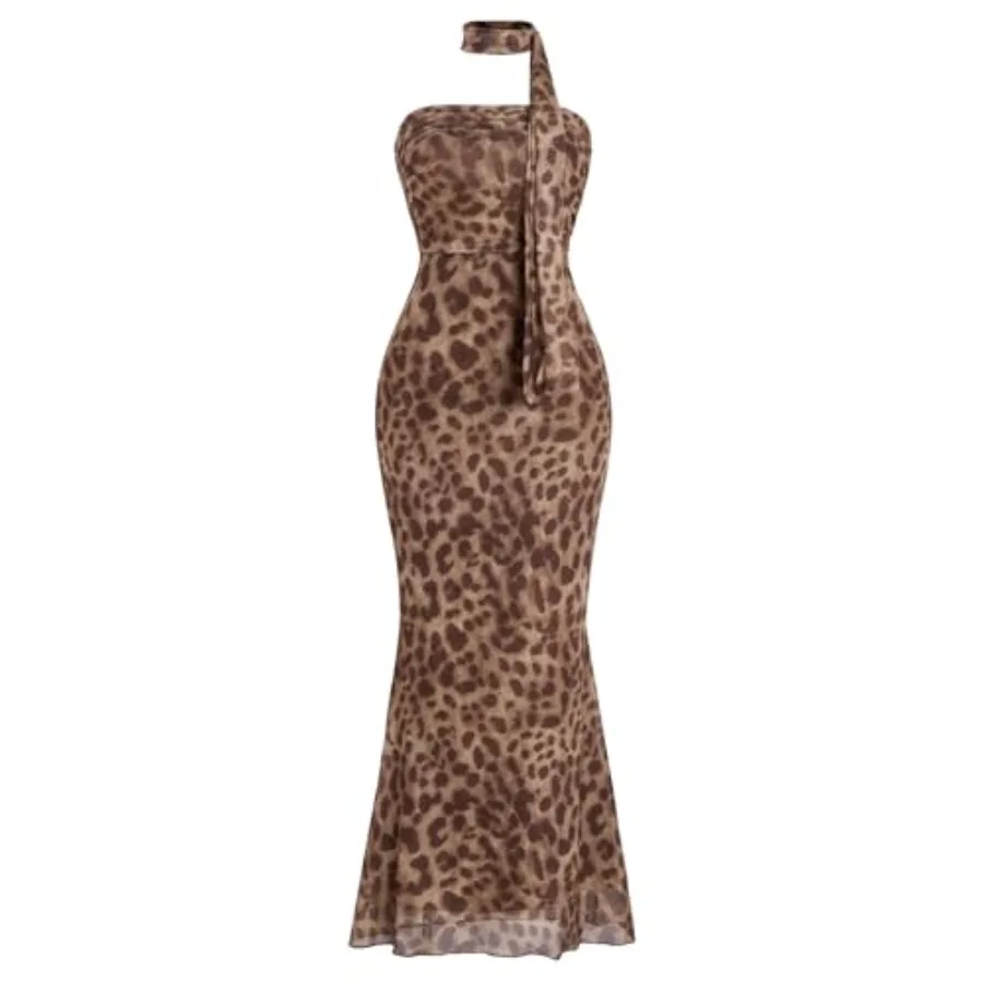 

Milumia Women's Leopard Print Strapless Bodycon Maxi Dress Mesh Long Tube Top Dress
