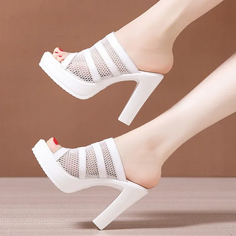 Women Sexy Mesh Lace Sandals  Summer Fashion High Heels Platform Slippers Ladies Bright Leather Comfort Open Toe Sandals