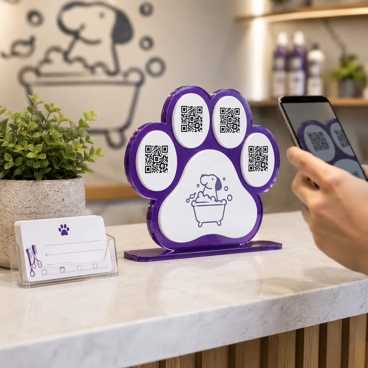 Custom Paw Print Acrylic QR Code Sign Pet Shop Social Media Display Stand For Facebook Instagram TikTok Dog Groomer Custom Log