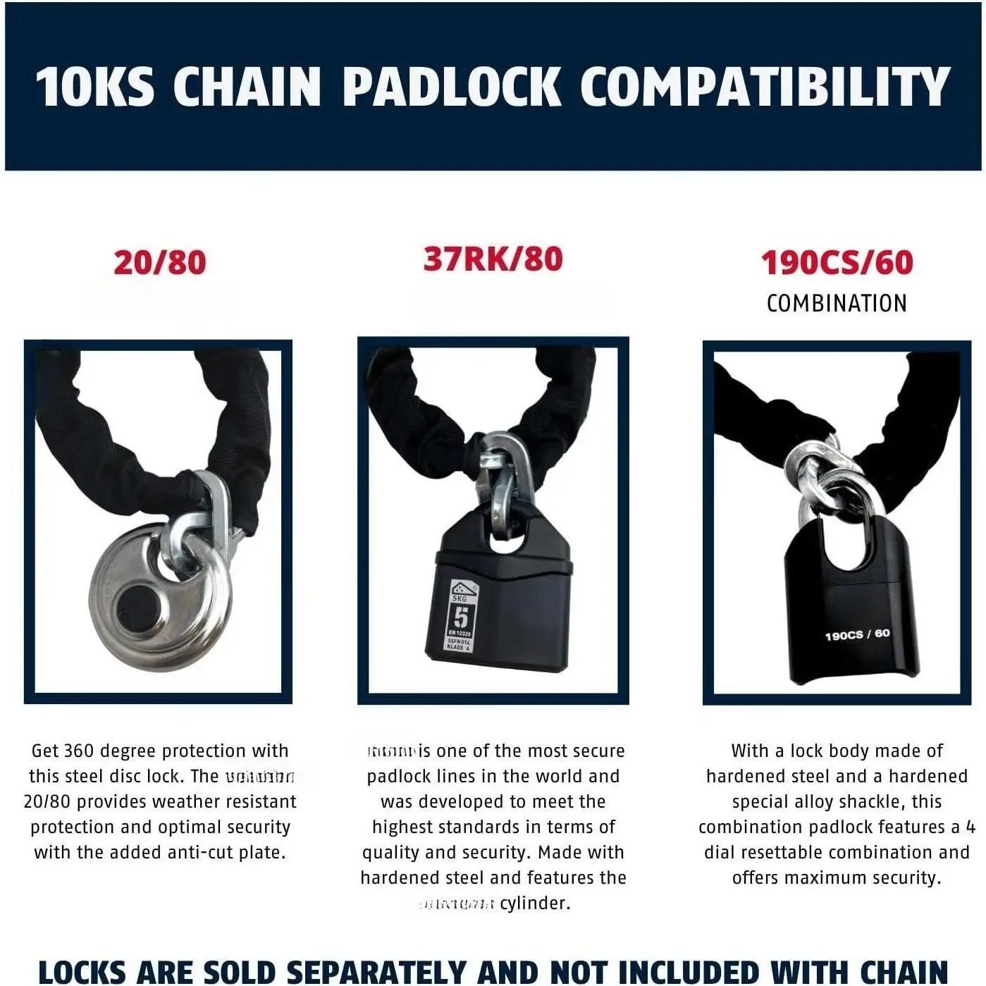 W-Hardened Steel 10KS 10 Foot x 3/8" Thick Square Security Chain for Bikes, Containers, Trailers, ATV's,