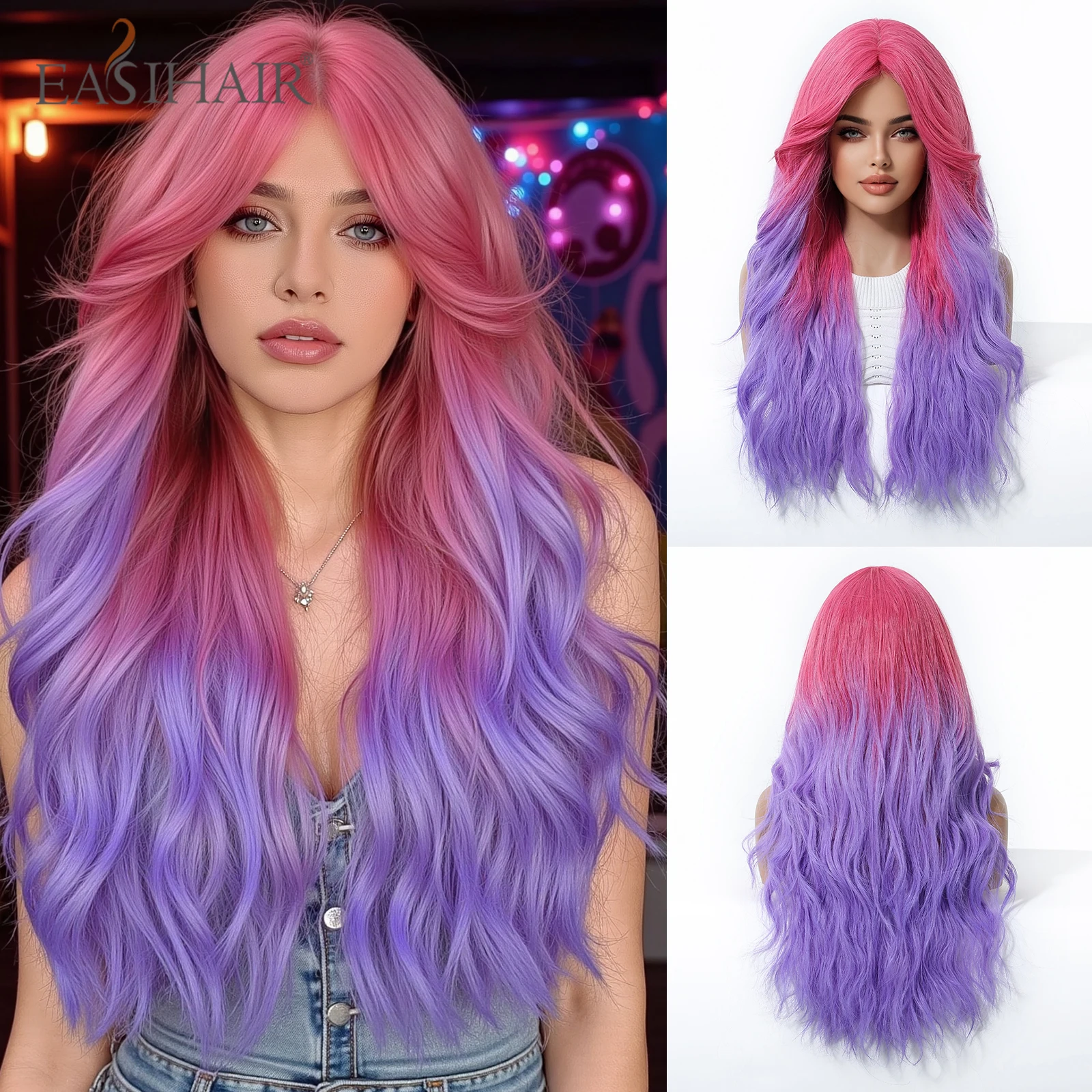 EASIHAIR Long Wavy Cosplay Synthetic Wigs Pink to Mauve Ombre Curly Wigs With Bangs for Women Christmas Festival Wigs 28 Inches