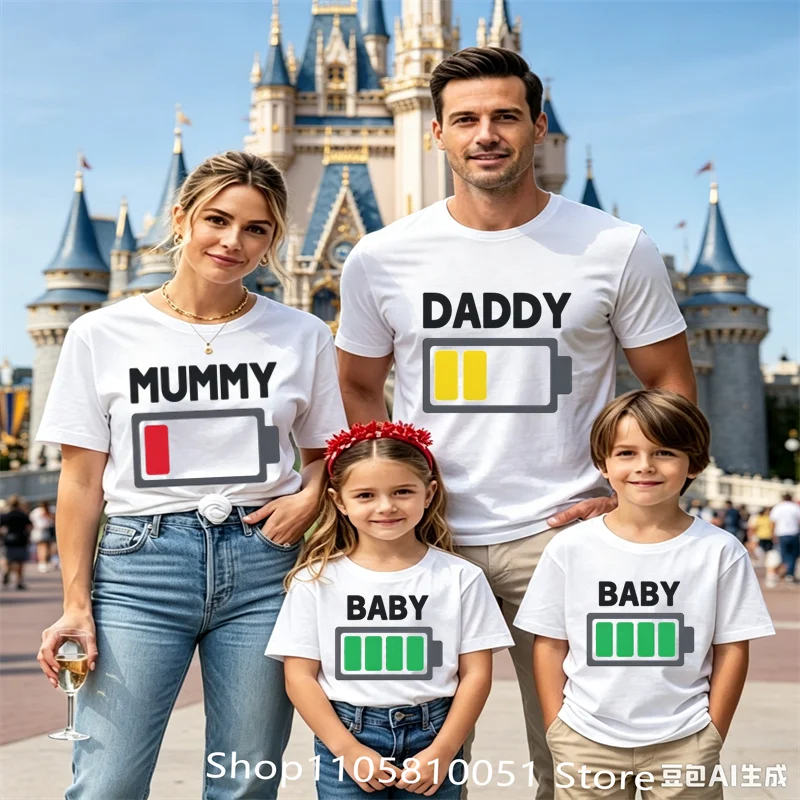 Family Matching Battery T‑Shirts, Mummy Daddy Baby Funny Battery Print Tees, Family Vacation Casual Short Sleeve Tops