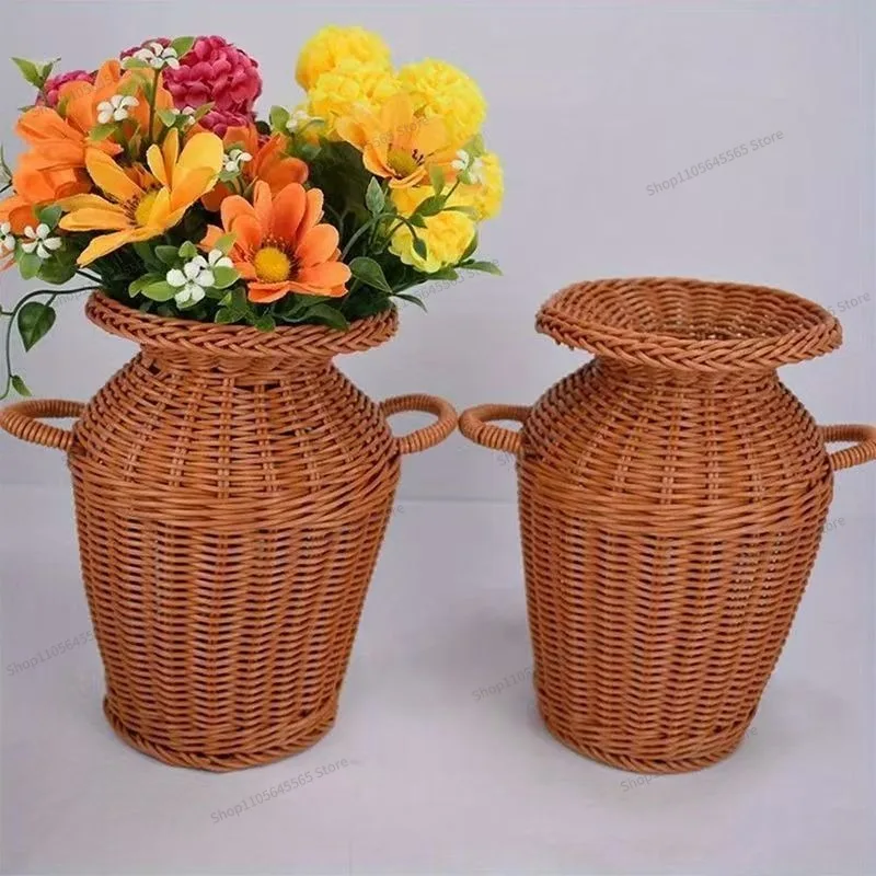 For Rattan Vase Desktop Flower Basket Binaural Living Room Dried Flower Woven Flower Arrangement Decorative Ornament