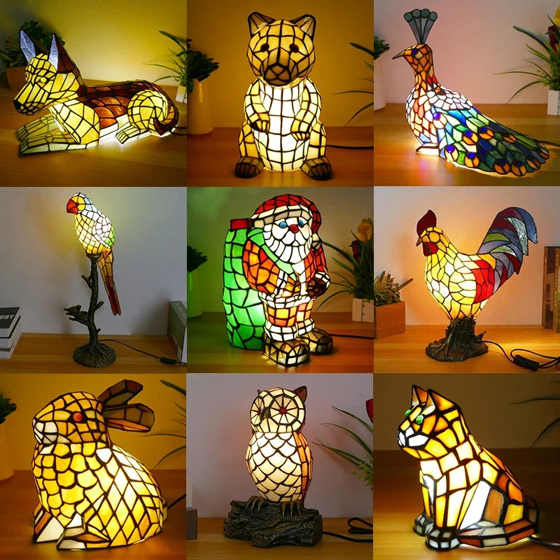 SAMAN  Tiffany Santa Claus Table Lamp Art Living Room Bedroom Children's room Homestay Stained Glass Decoration Desk Lamp