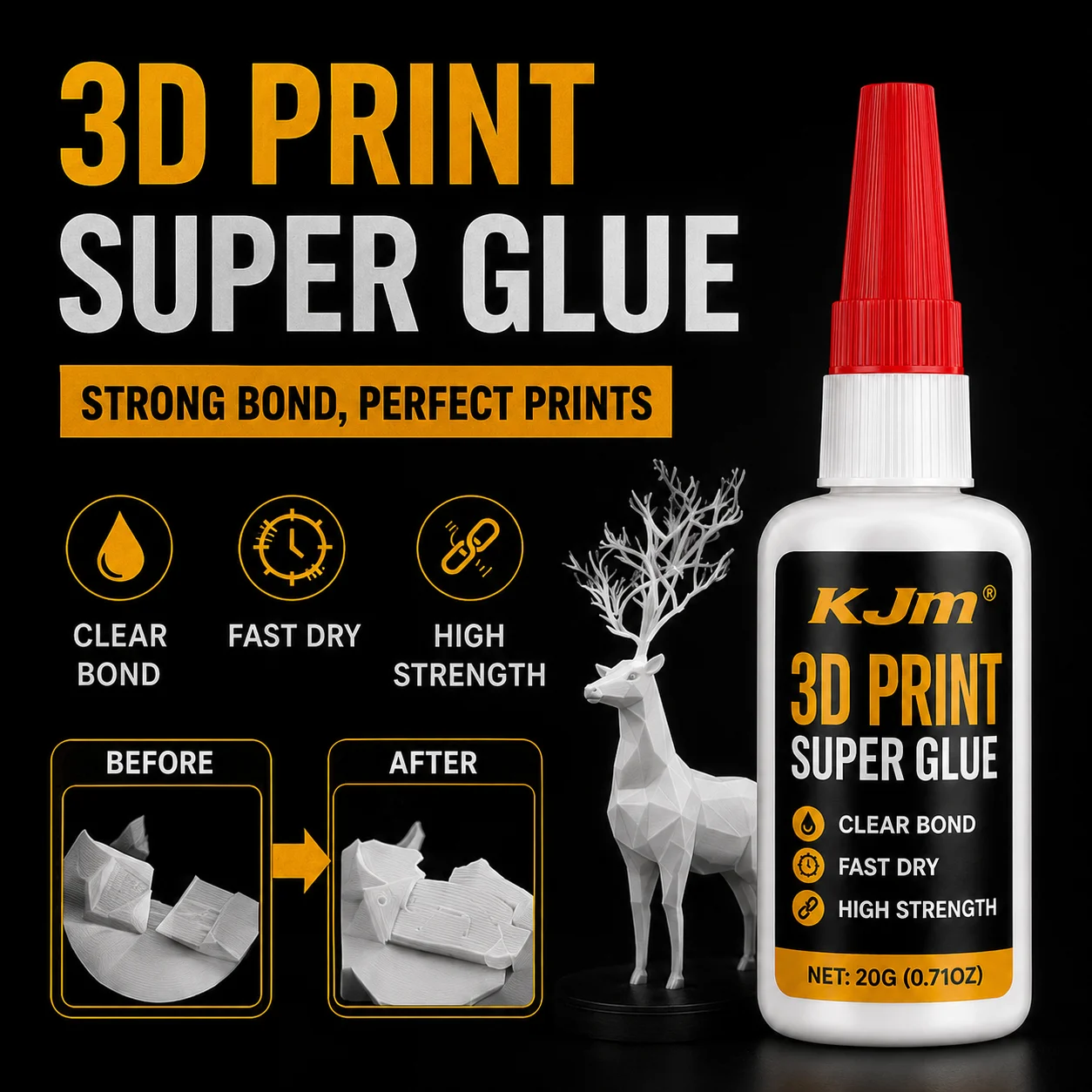 KJM Super Glue Instant Adhesive For 3D Print Repair Plastic Model DIY Craft Strong Bond Contact Glue Fast Dry Clear Adhesive 20G