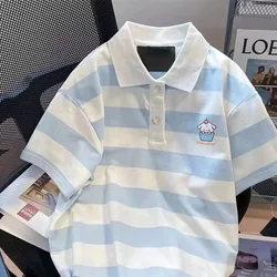 Embroidery Dog Print Polo T Shirts Stripe Women T-shirt Cotton Tee 2025 Y2K Casual Loose Shoujo Cute Oversized Tshirt