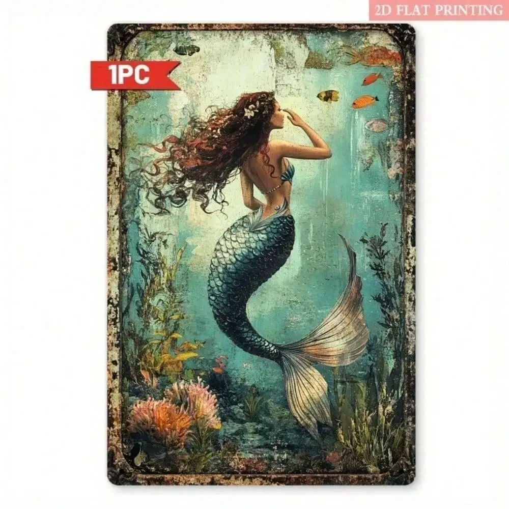 2026 Aokiu 8x12inch Vintage Mermaid Tin Sign, Retro Nautical Ocean Wall Art Decoration, Suitable for Home Bars and Men's Private Spaces