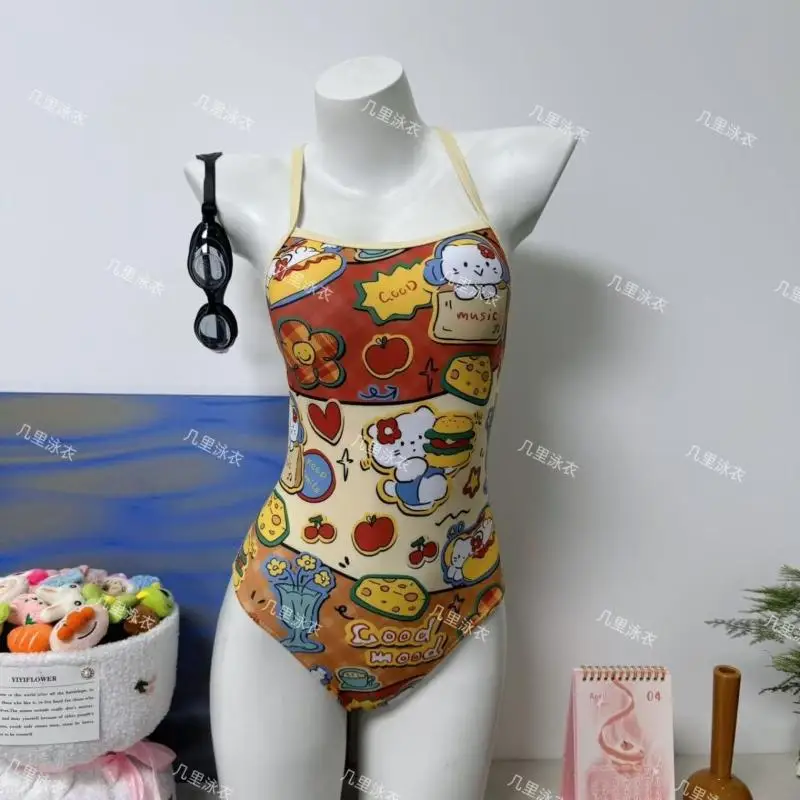 

Sanrio Beach Triangle Swimsuit Hello Kitty Girl One-Piece Bikini Professional Training Competitive Mid-Low-Screen Swimming Pool