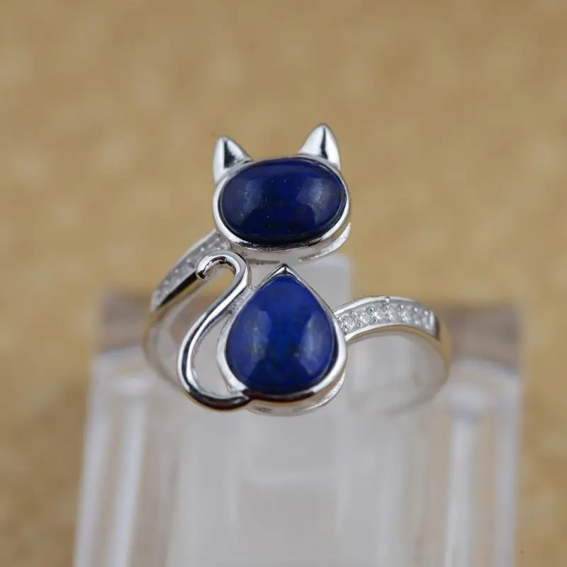 Real 925 Sterling Silver Lapis Lazuli Natural Stone Ring Lovely Cat Rings For Women Exquisite Fine Jewelry