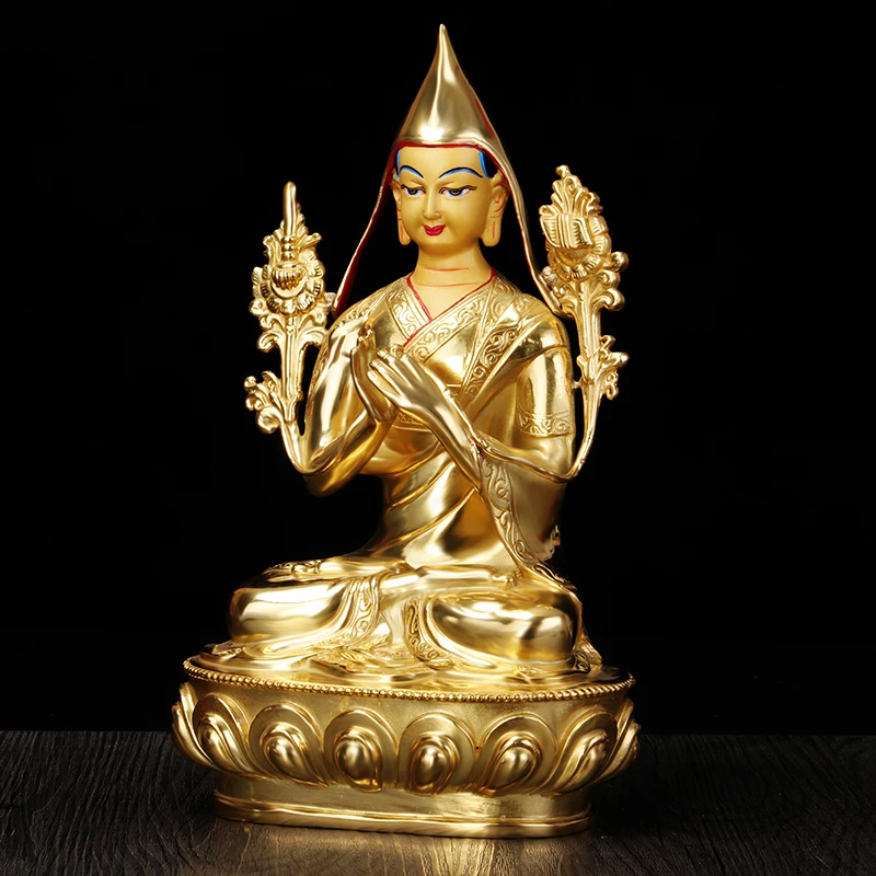 Wholesale Buddha 23cm HOME Talisman efficacious Nepal Gelug Buddhism Tsongkhapa Gold-plated figure statue