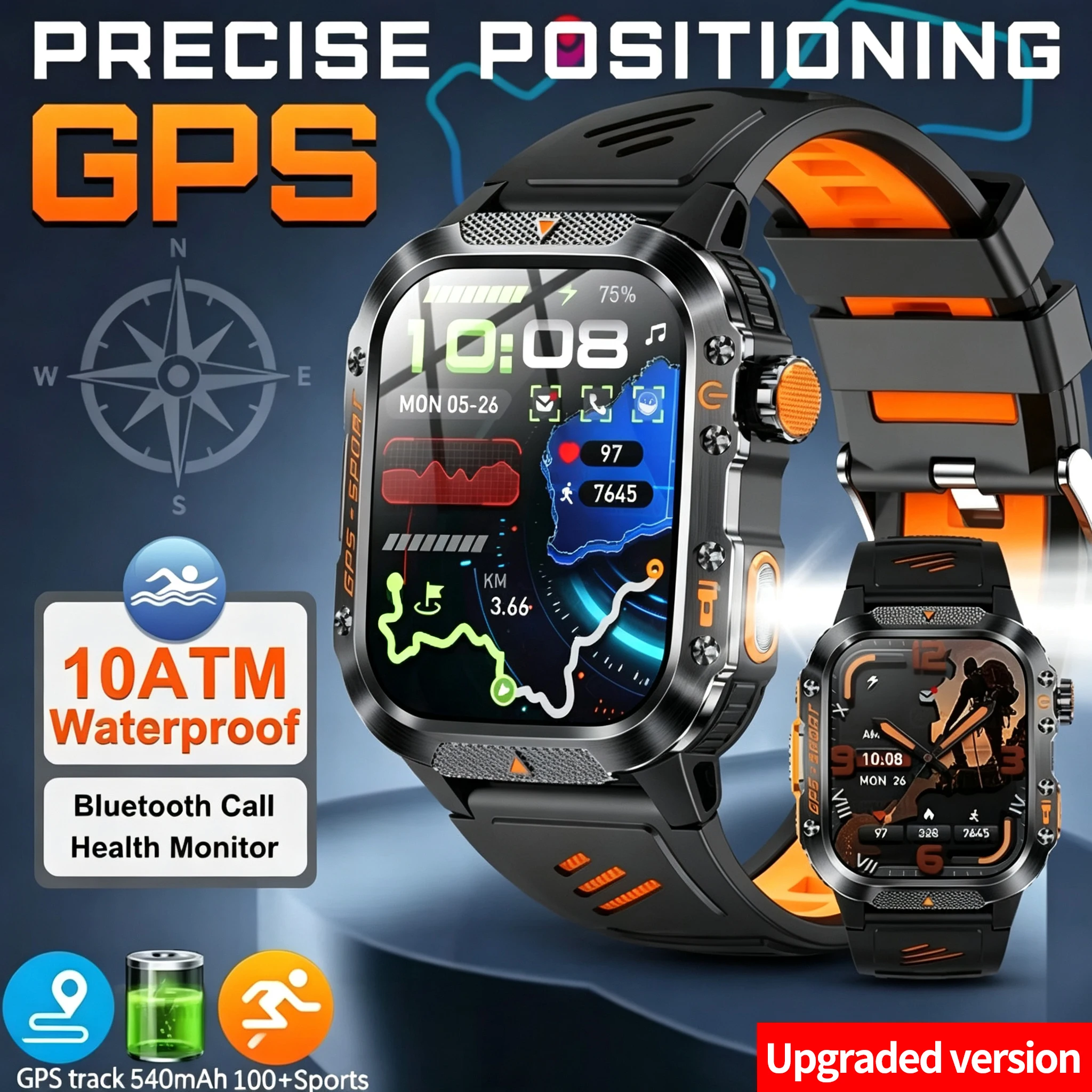 2026New GPS Smart Watch For Xiaomi IOS Military Compass Flashlight Smartwatch Men 10ATM Waterproof 100+Sport Modes BT Call Watch