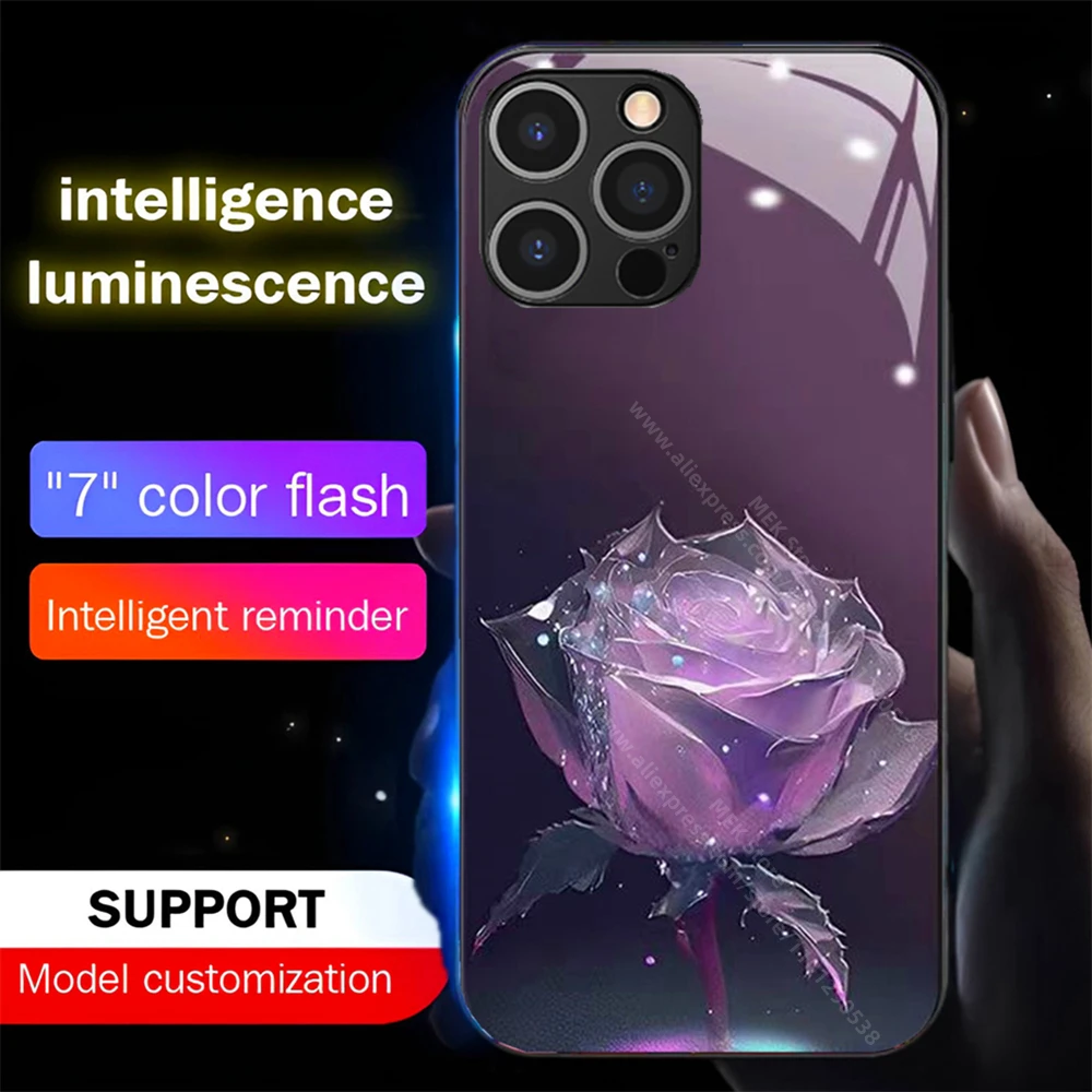 

Glowing Purple Crystal Flower Smart Voice Controlled LED Light Phone Case For Samsung S24 S23 S22 S21 S20 FE Note 10 Plus Ultra