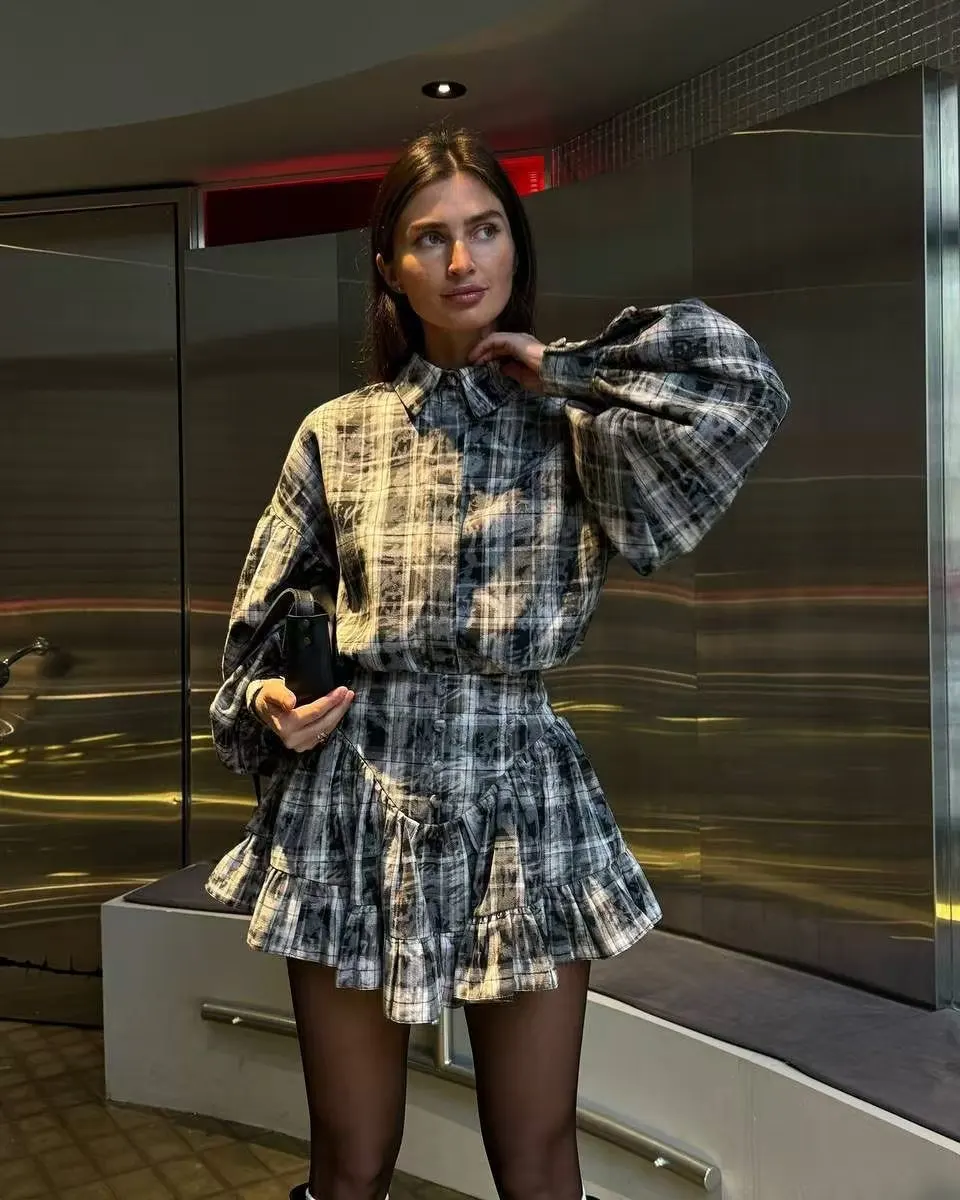 Plaid Print Shirt Ruffles Skirts Set Women Elegant Lapel Button Up Tops Loose Mini A-line Skirt 2025 Spring New Lady Chic Outfit