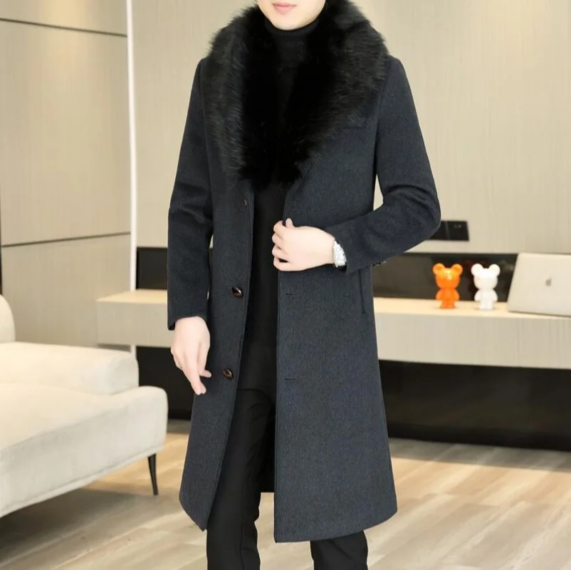 

High Quality Winter Men's Woolen Coat Outwear Casual Fur Collar Detachable Wool Windbreaker Jackets Thicken Trench Clothing