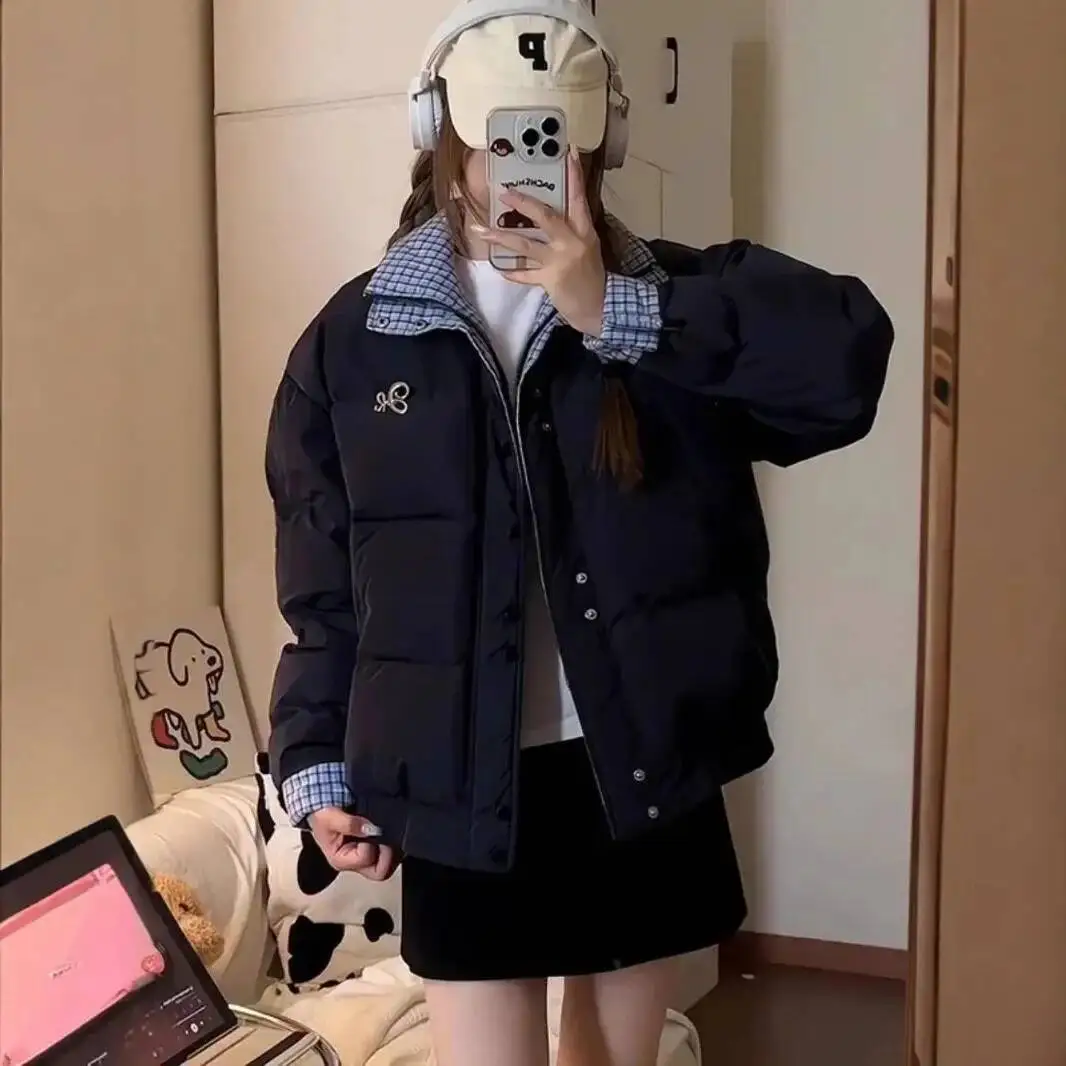 

Retro American Blue Plaid Splicing Women's Winter Coat Loose Warm Cotton Jacket Long Sleeve Thickened Cold-Resistant Outerwear