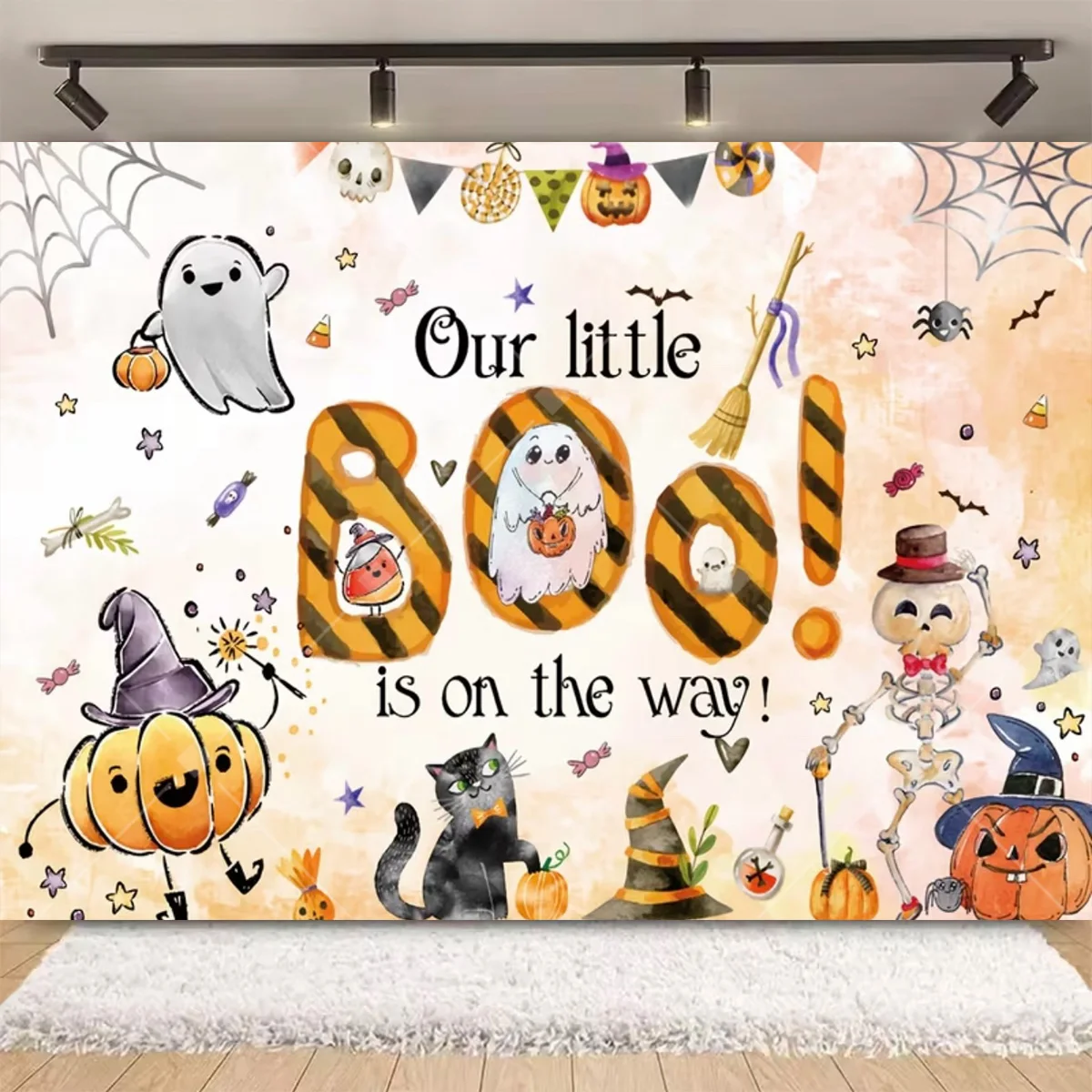 A Little Boo Is Almost Due Cute Ghost Pumpkin Bat Witch Castle Photo Background Halloween Theme Newborn Baby Party Wall Decor 2