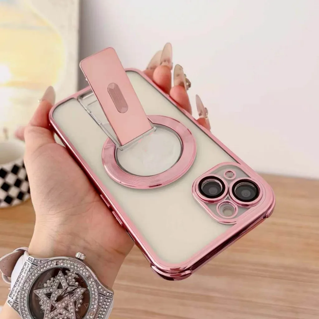 Coque de téléphone transparente électroplaquée pour iPhone 11 12 13 Pro Max 14 Plus avec support pliable magnétique et protection complète de l'objectif