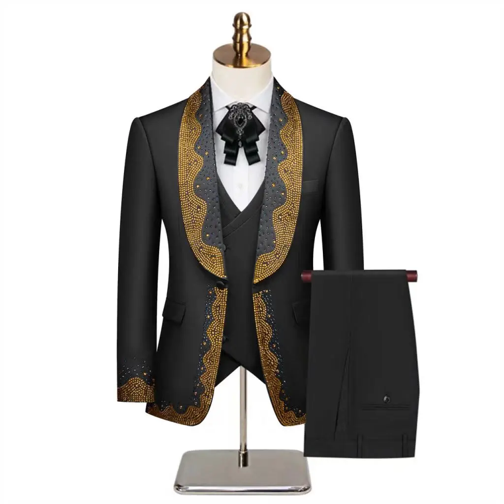 Witte mannen pak set 2-delige blazer + broek broek luxe steen kristallen bruiloft smoking formeel kantoor aangepaste mannelijke jas jas