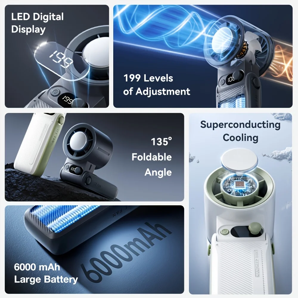 

Летний портативный ручной вентилятор Сильный ветер 199-ступенчатая скорость ветра Светодиодный цифровой дисплей Регулируемый портативный уличный ручной турбовентилятор