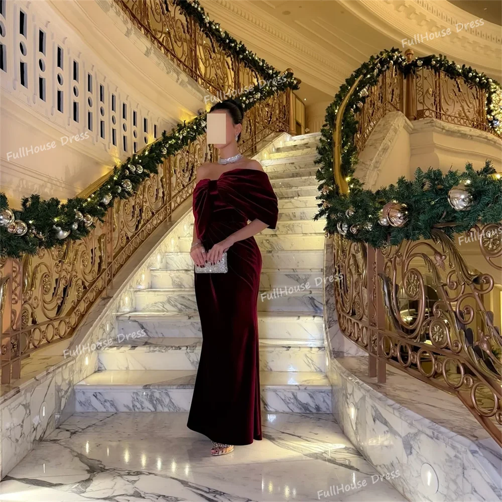 Custom Made Elegant Off Shoulder Pleated Sheath Sexy Bridal Evening Dress Backless Floor Length Saudi Dress with Bow سعيد