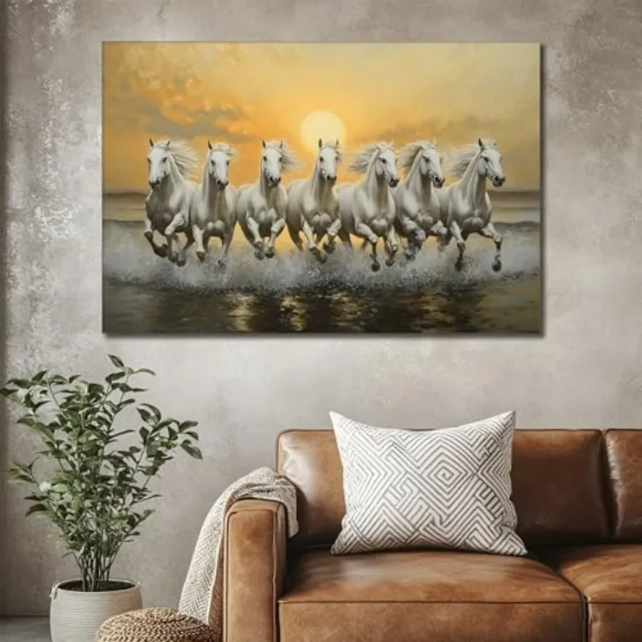 

Living room office wall decor, canvas, brown and beige, ready-to-hang 28x40'' seven running horses art with Vastu-compliant fra
