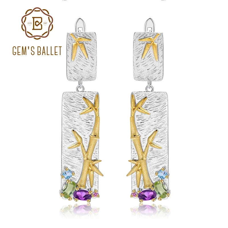

GEM'S BALLET Natural Topaz Amethyst Peridot Earrings Fine Jewelry 925 Sterling Silver Handmade Bamboo Drop Earrings For Women