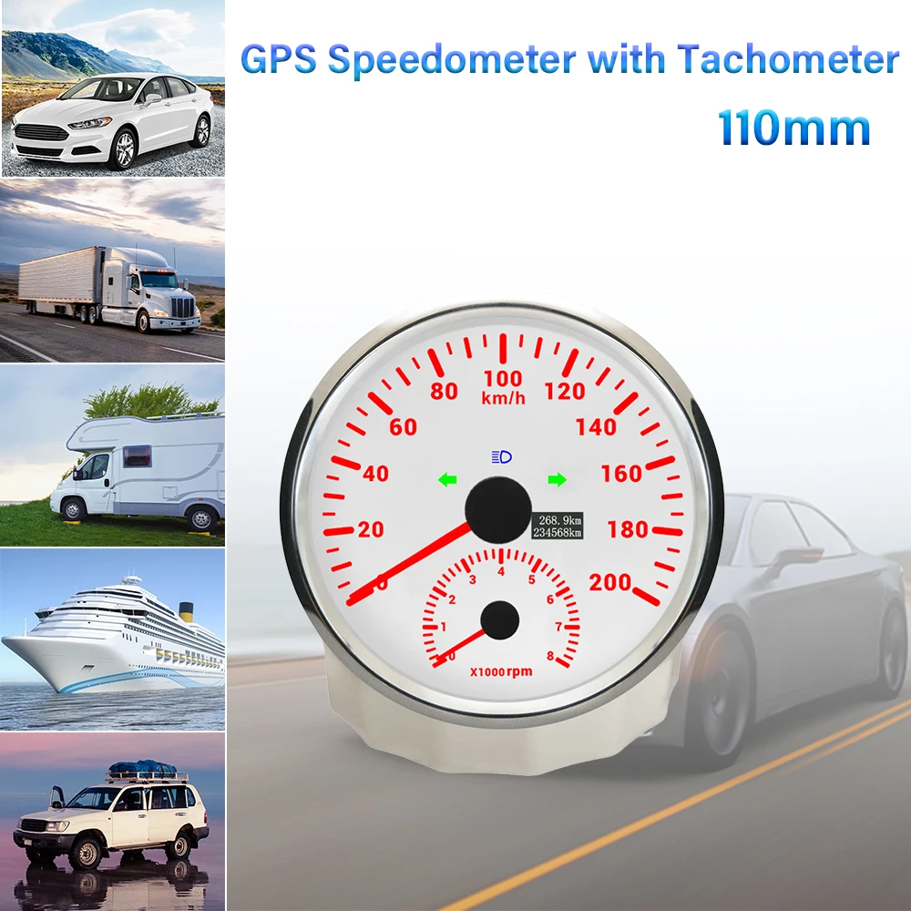 Rhaxel 110MM GPS Speedometer 0-120KM/H 120M 200K 0-160MPH with 8000RPM Tachometer with Red Backlight 12V 24V for Car SUV RV