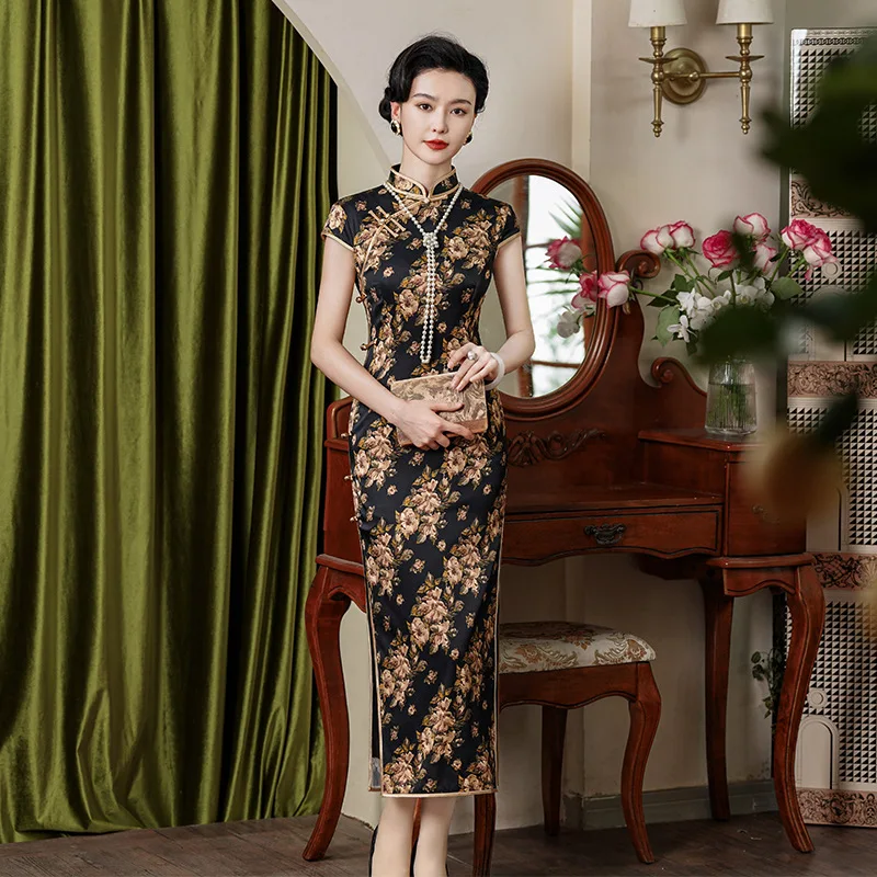 High Quality Improved Real Silk Cheongsam Qipao Long High-End Temperament Retro Old Shanghai Women's Western Style