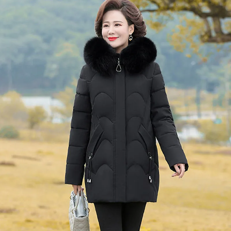 

Overcoat Fashion Winter Women's Cotton-Padded Coat 2024 New Warm Hooded Fur Collar Middle And Old Age Down Women Cotton Coat H84