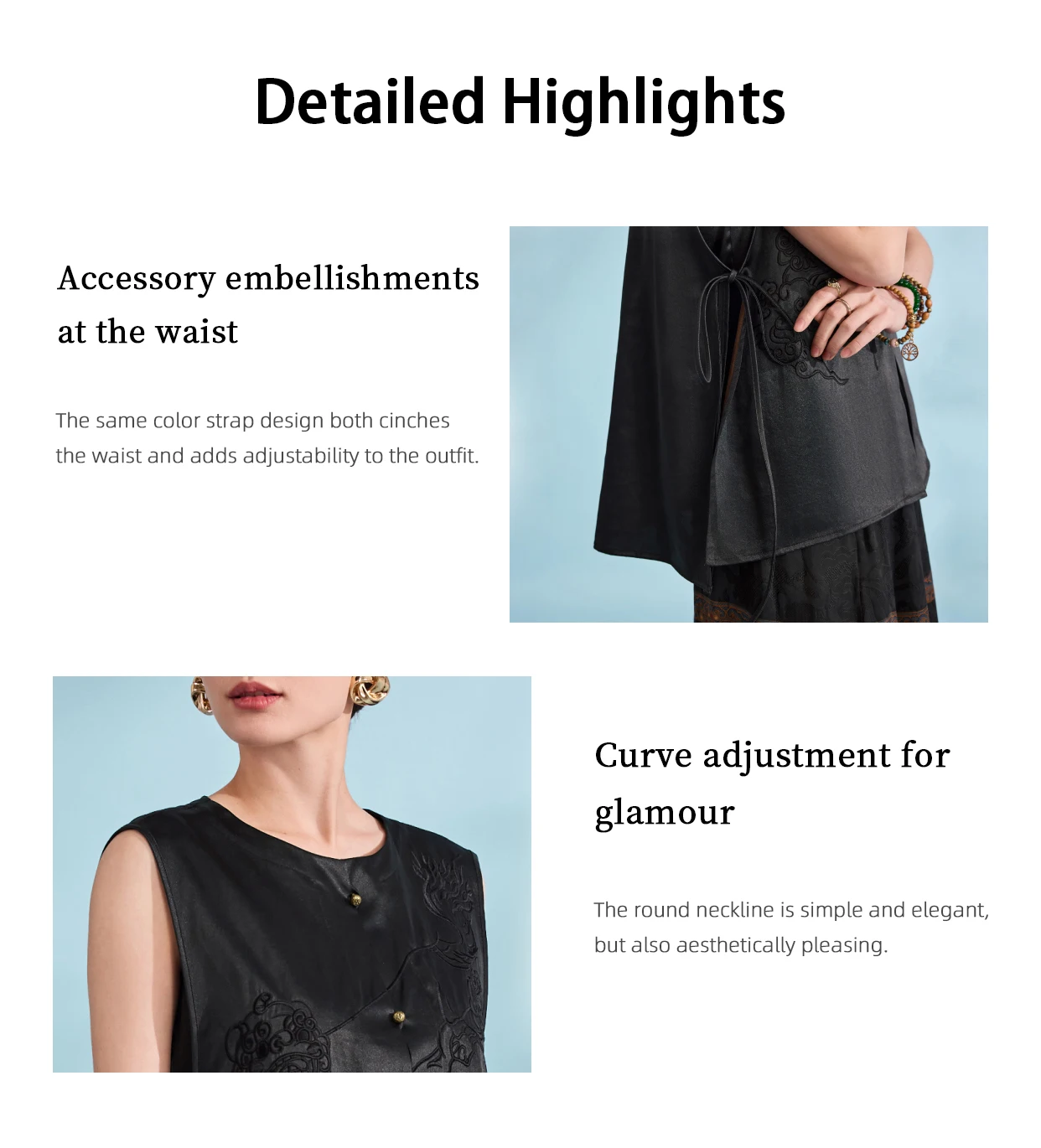 LI SILK CLOUD Black Xiangyunsha Chinese Style Vest - Chinese Traditional Embroidery, Adjustable Tie Waist, Sleeveless