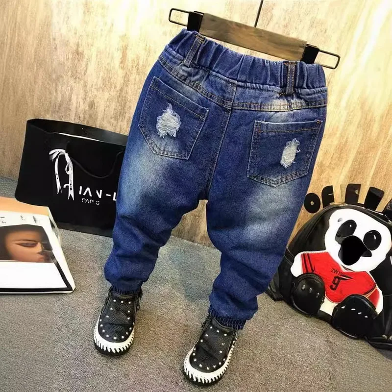 Graffiti Hole Jeans Baby Boys Jeans Kids Pants Casual Pants Spring Autumn Kids Trousers Navy Blue Fashion Baby Clothing (B1123