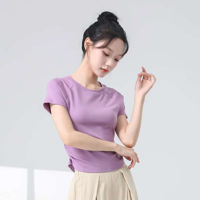 Short Sleeve Women Modern Dance Tee Shirt Team Basic Body Rhyme Yoga Top Back Cut Sexy Dancer Practice Clothes Classical 2024