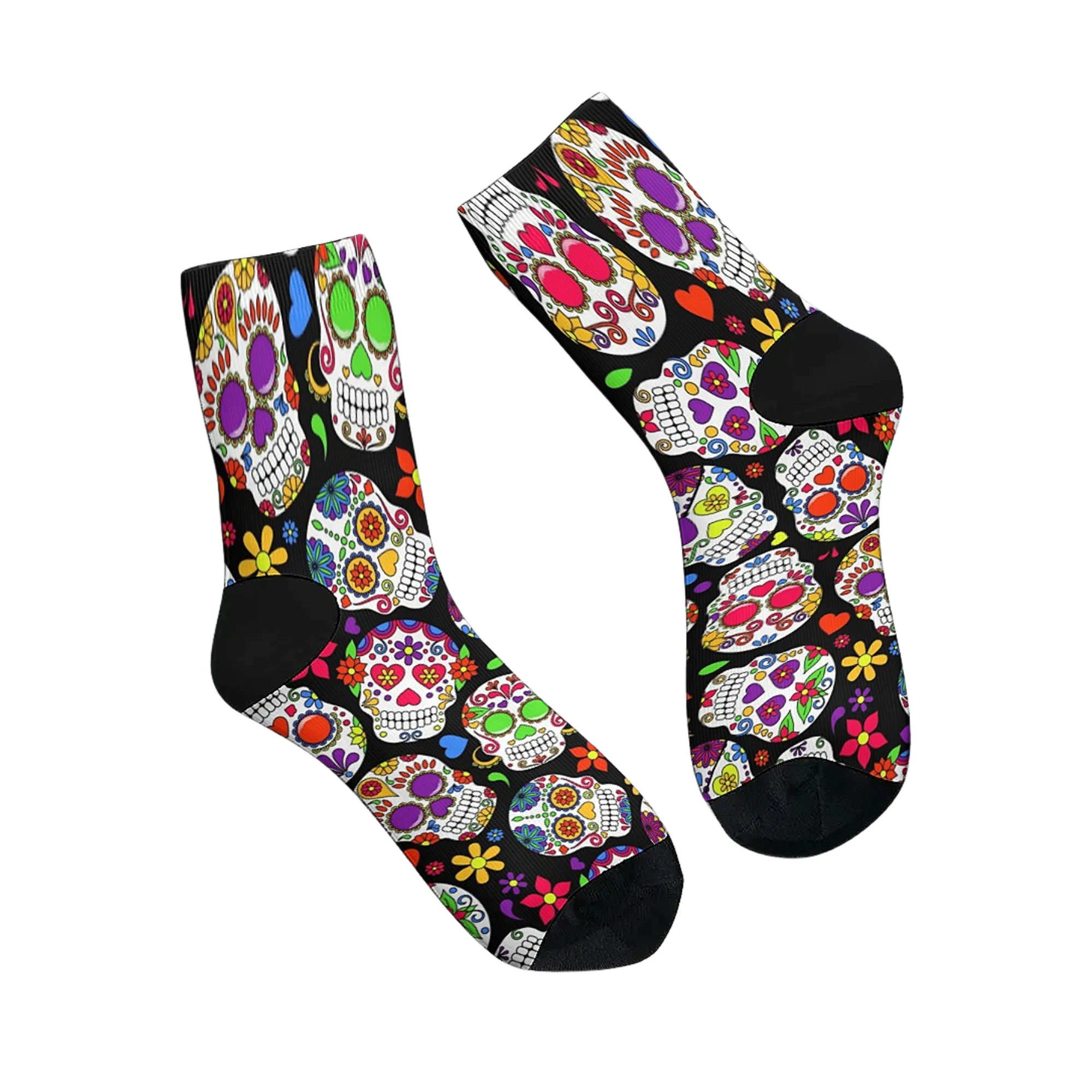 Ein Paar lässige Herrensocken mit mexikanischem Blumenschädel, Day of the Dead-Thema, lustige Crew-Socken, Hip-Hop-Urlaubsgeschenk im Retro-Stil