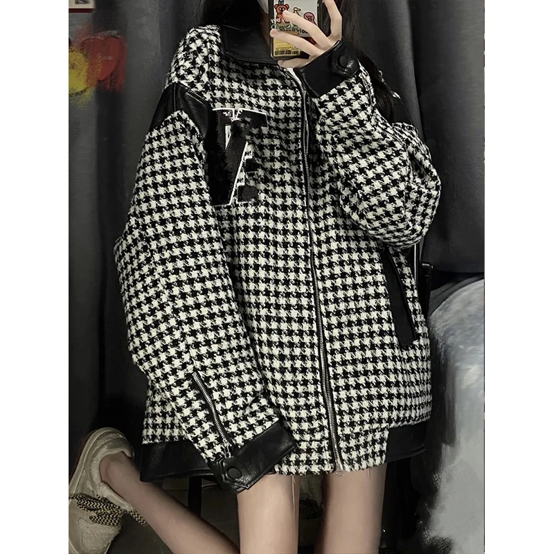 

Autumn Winter New Jackets Women's Clothing Loose bf thousand bird check baseball Jackets Girls Spring Short Plaid Coats jp770