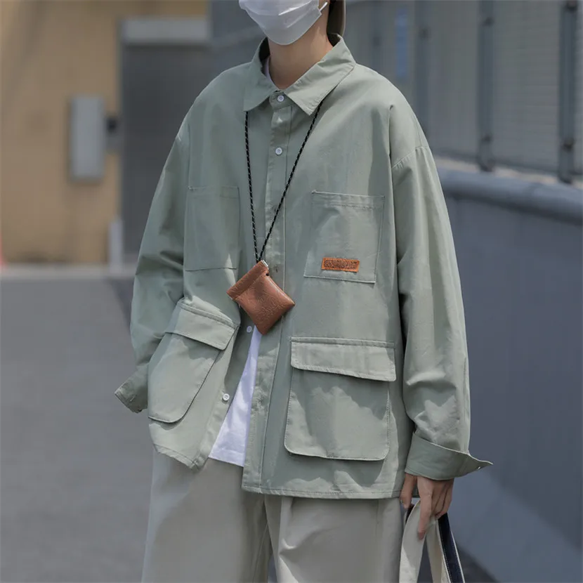 

Loose Fit Long Sleeve Workwear Shirt Men's Casual Style Cityboy Jacket Spring Autumn Unisex Simple Design Fashionable Shirt