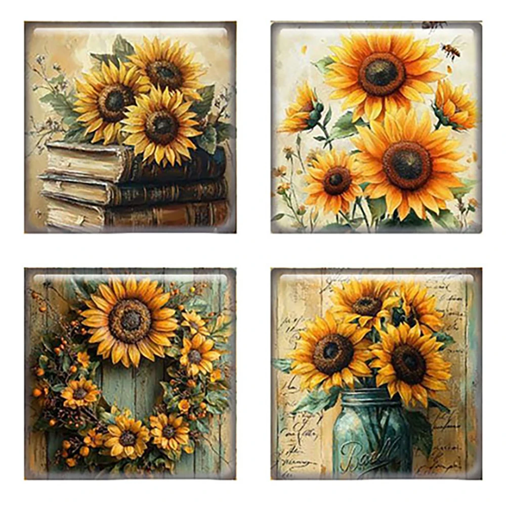 Random Mixed Round/Oval/Square Sunflowers Girl Retro Rural Photo Glass Cabochon Flatback Demo Cameo For Diy Jewelry Making
