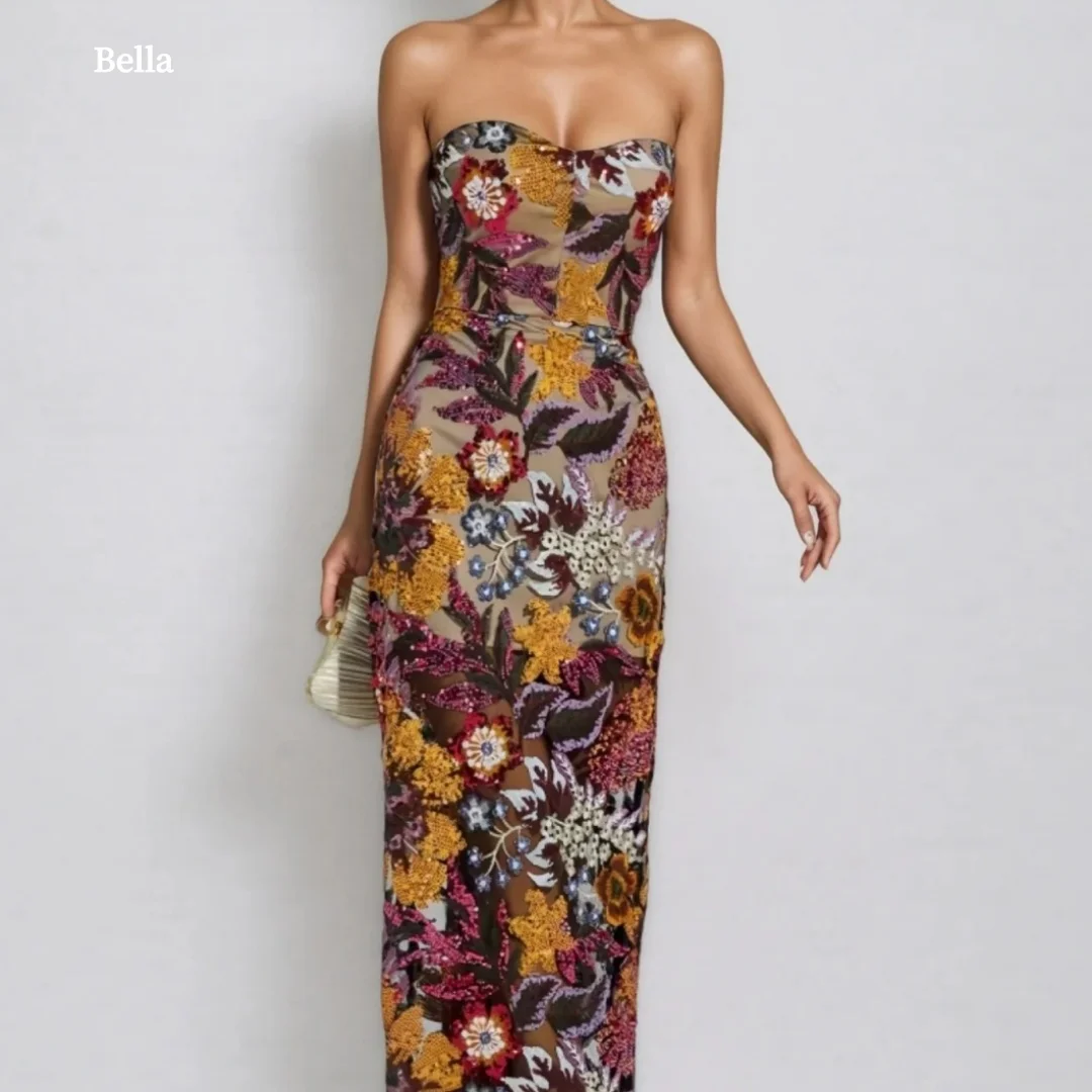 

Bella Customized Strapless Prom Dress with Colorful Floral Embroidery and Sheer Mesh Mermaid Skirt robes de soirée Party Dresses