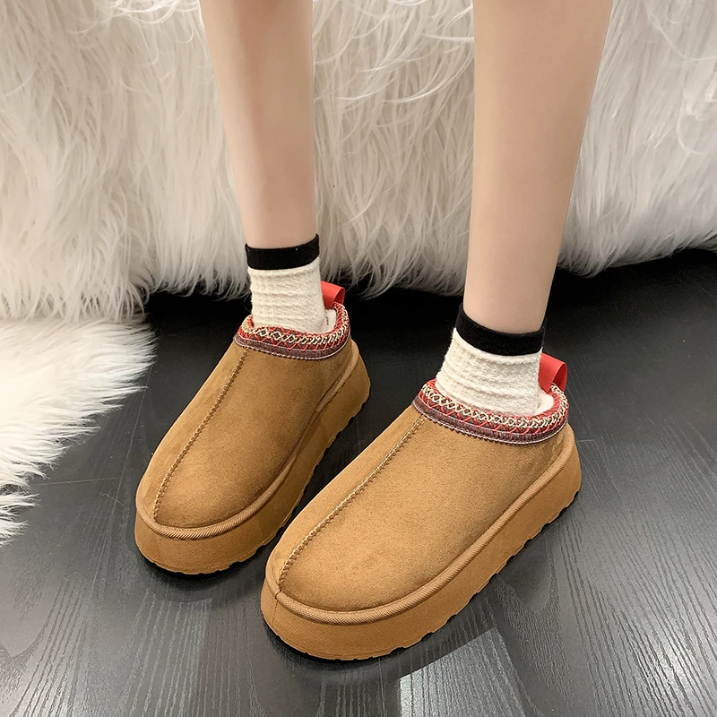 Women Snow Boots Winter New Woman Cashmere Warm Thick Soles Without Heel-covered Hair Half Slipper Cotton Shoes Female