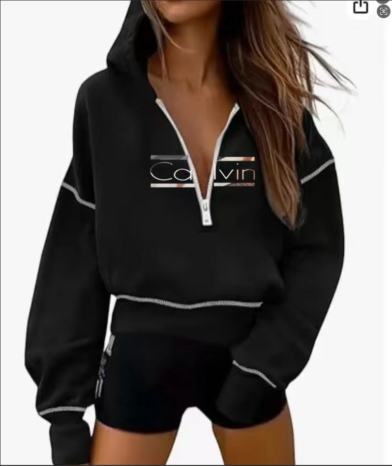 

Women's hooded sweatshirt - comfortable multi band zipper and white casual print long sleeved shoulder design loose fit winter