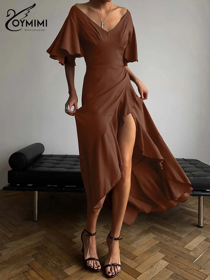 Oymimi elegante vestido feminino de cetim marrom, moda com decote em v, manga bufante, costas abertas, casual, cintura alta, comprimento no tornozelo