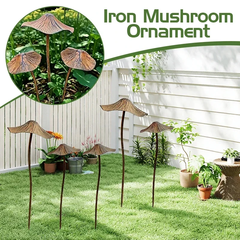 Retro Metal Rusty Mushroom Garden Decoration Set Outdoor Rusty Mushroom Plaque Garden Statues Sculptures Bonsai Accessories