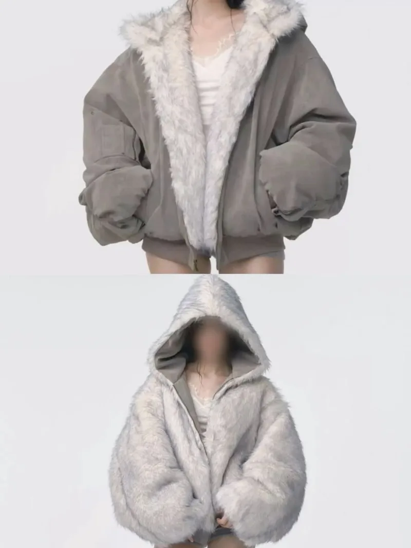 Y2K Harajuku šedá bílá oboustranná plyšová bunda pro ženy, trendy značka gothic ležérní streetwear podzimní a zimní teplá kapuce - náhled 2