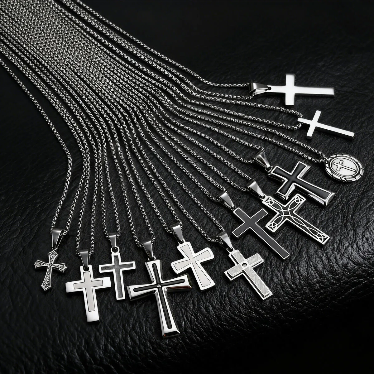 قلادة متقاطعة أساسية للرجال والأولاد، قلادة متقاطعة من الفولاذ المقاوم للصدأ مع سلسلة صندوق 50/55/60 سم، هدية الذكرى السنوية لعيد الميلاد #5